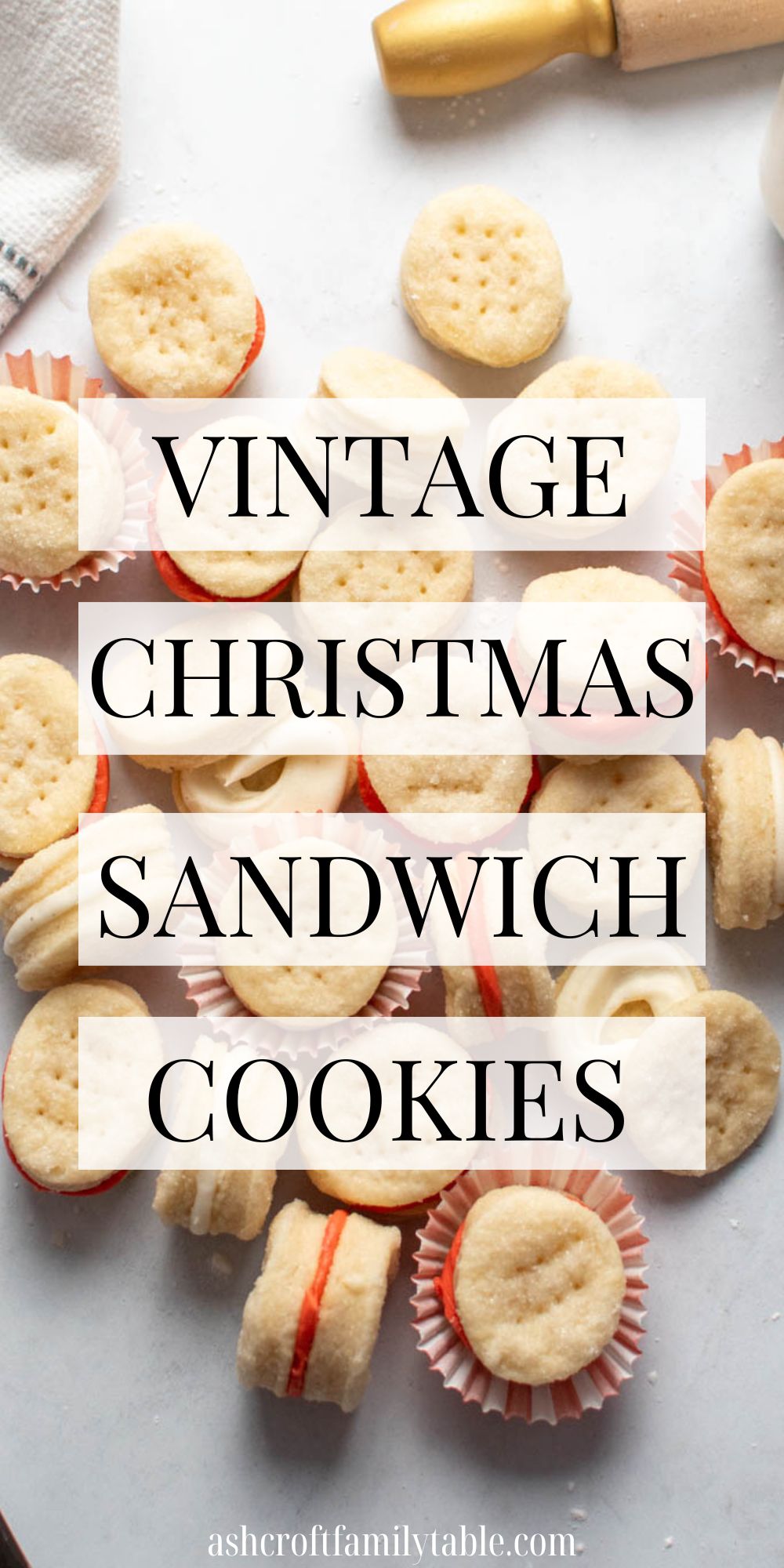 Pinterest graphic with text and photo of Christmas sandwich cookies with red and white frosting.