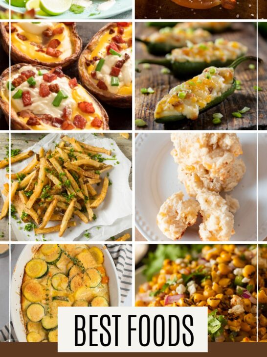 Pinterest graphic with text and collage of foods to serve with chiil.