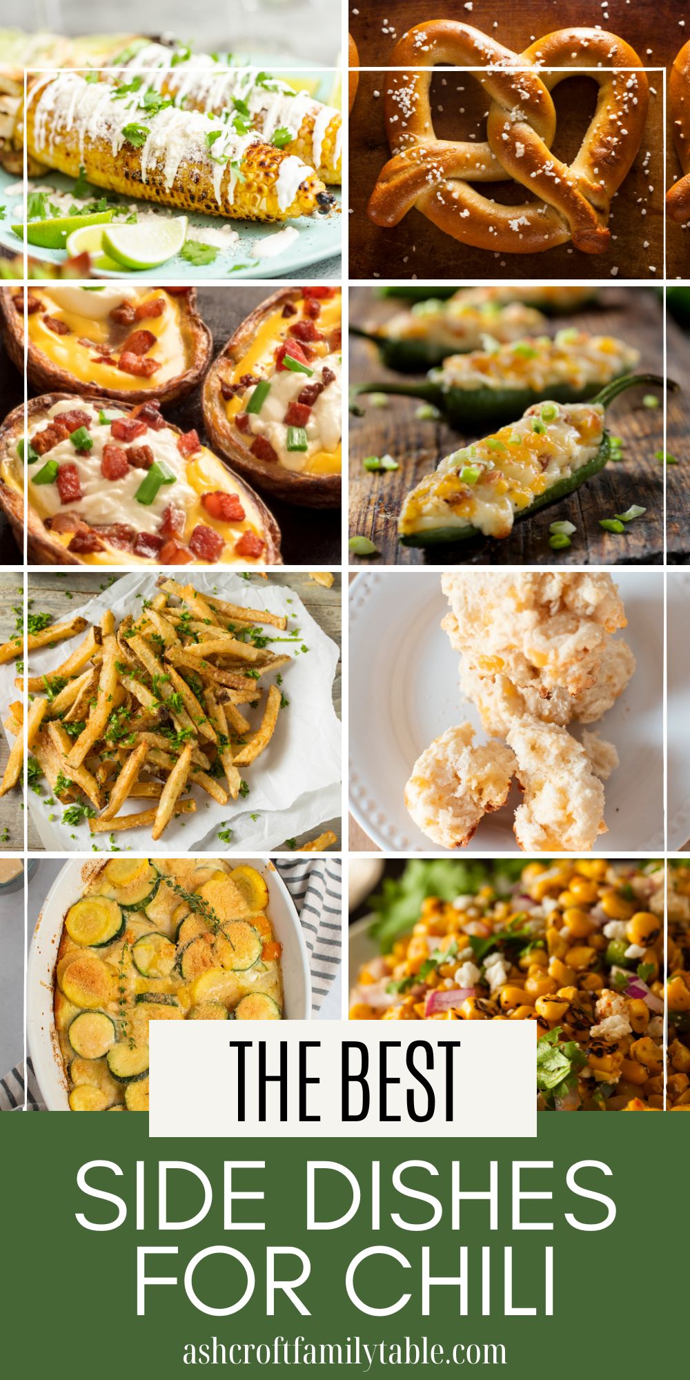 Pinterest graphic with text and collage of side dishes to serve with chili.