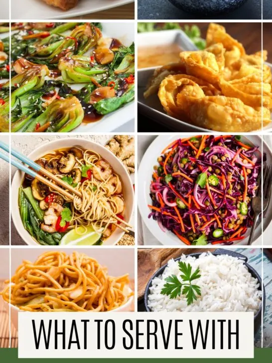 Pinterest graphic with text and collage of dishes to serve with sweet and sour meatballs.