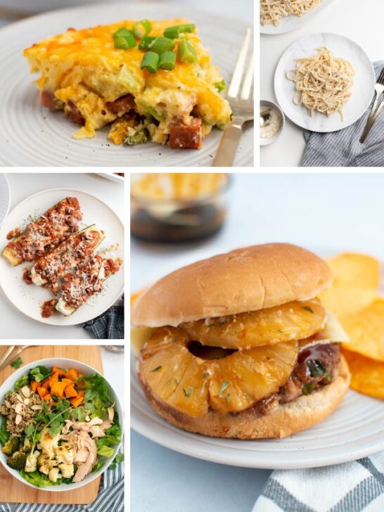 Collage of healthy family dinner ideas including quiche, kabobs, power bowl, and turkey burgers.