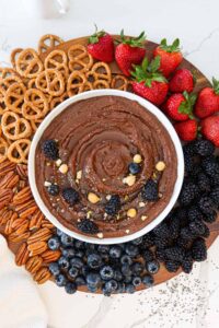 Dark chocolate hummus in a white bowl surrounded by pretzels, nuts, and fruit.