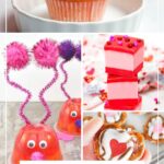 Pinterest graphic with text and collage of different Valentine's Day party foods for kids.