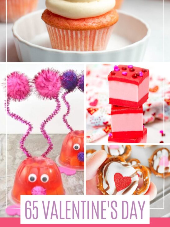 Pinterest graphic with text and collage of different Valentine's Day party foods for kids.