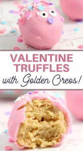 Valentine's day golden Oreo truffles covered with pink chocolate and sprinkles.