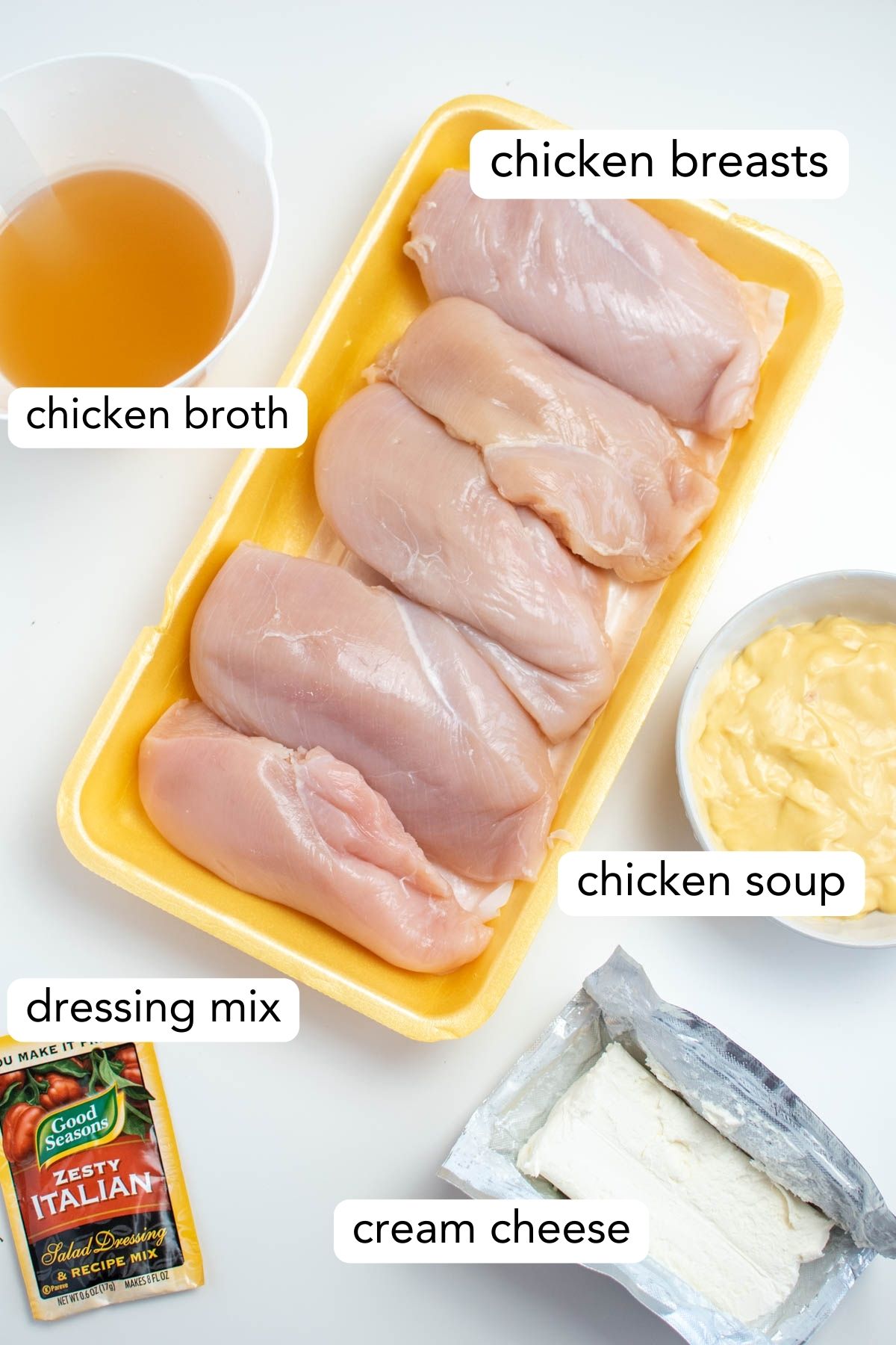 Labeled photo of creamy Italian chicken ingredients including chicken breasts, cream cheese, and chicken broth.