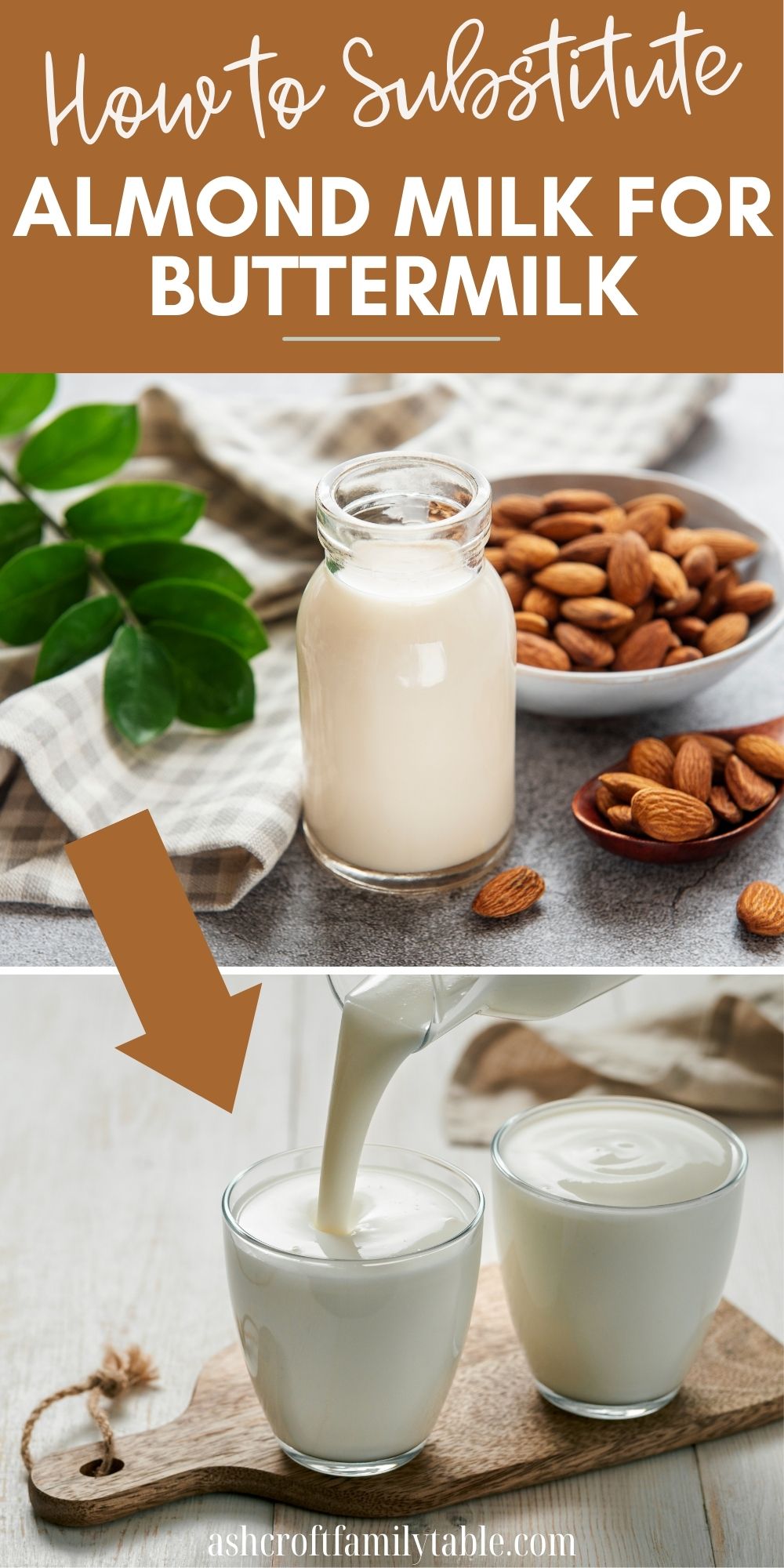 Pinterest graphic with text and a collage of almond milk and buttermilk.
