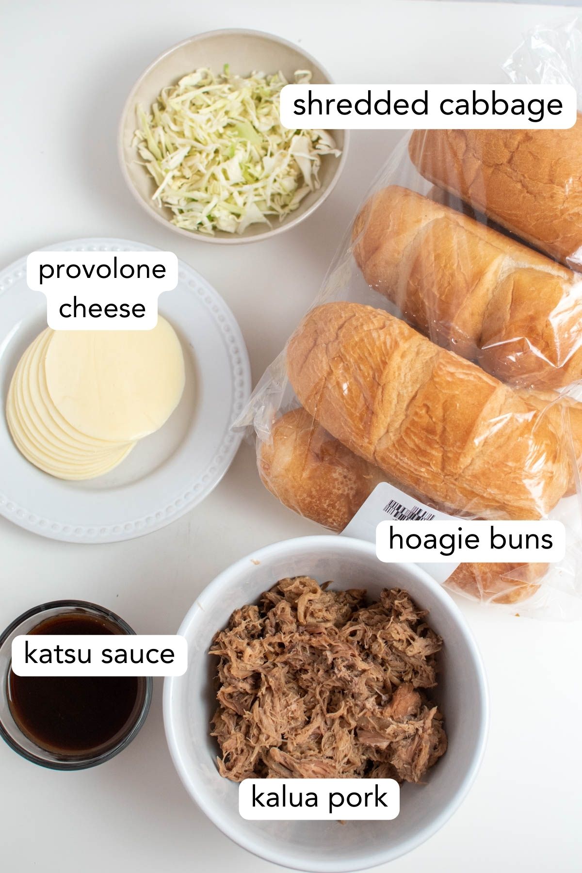 Labeled photo of kalua pork sandwich ingredients including cheese, katsu sauce, and hoagie buns.