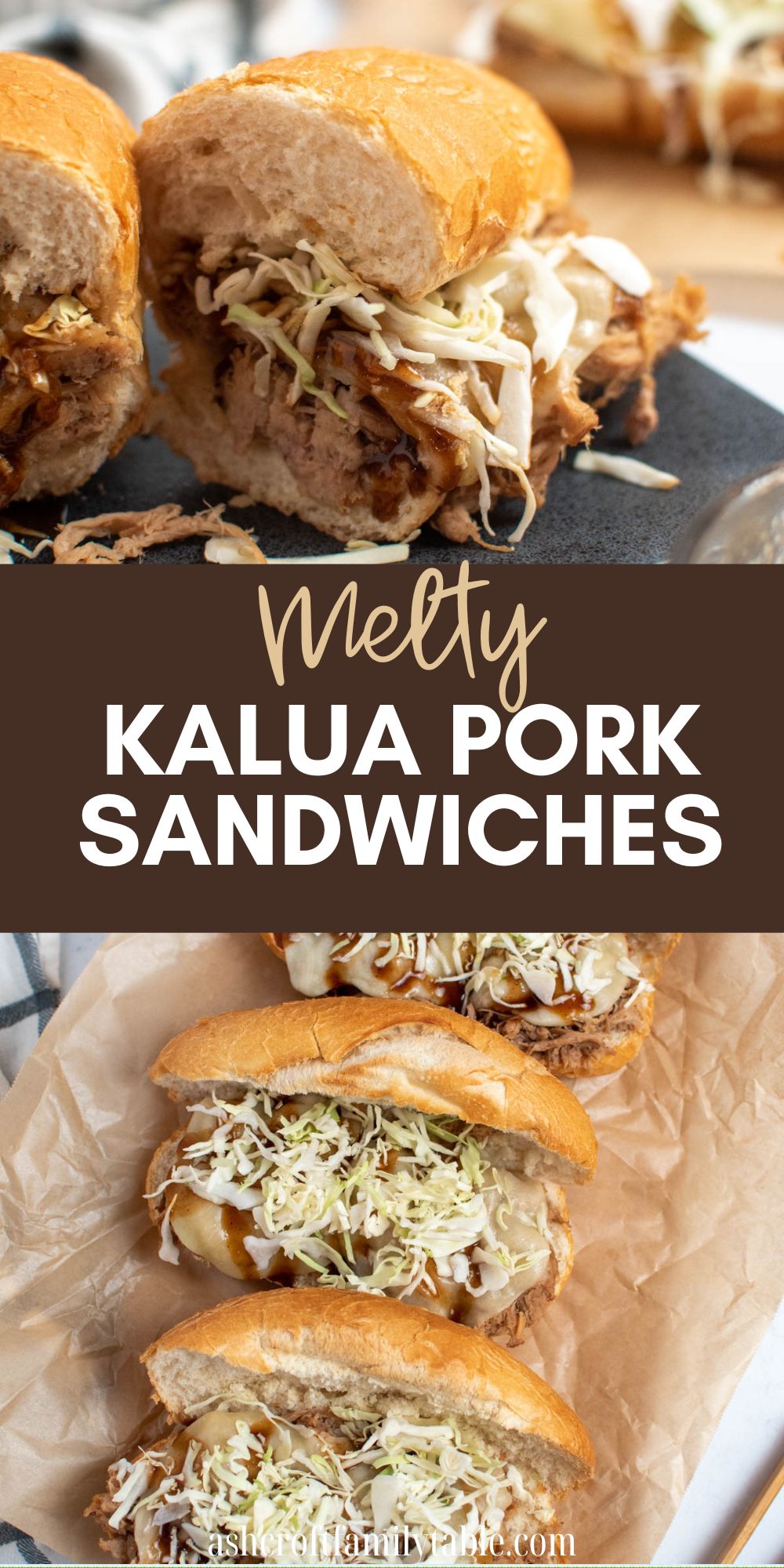 Pinterest graphic with text overlay and collage of photos with kalua pork sandwiches.