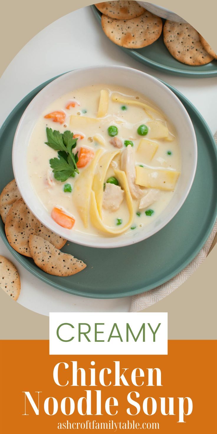 A Pinterest image with text and a bowl of creamy chicken noodle soup.