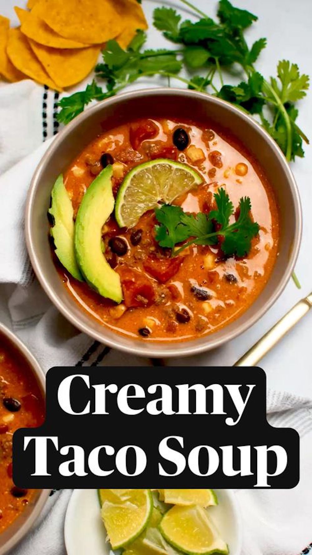 Pinterest graphic with text and bowl of easy creamy taco soup.
