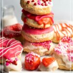 Pinterest graphic with text overlay and photo of stack of air fryer biscuit donuts.