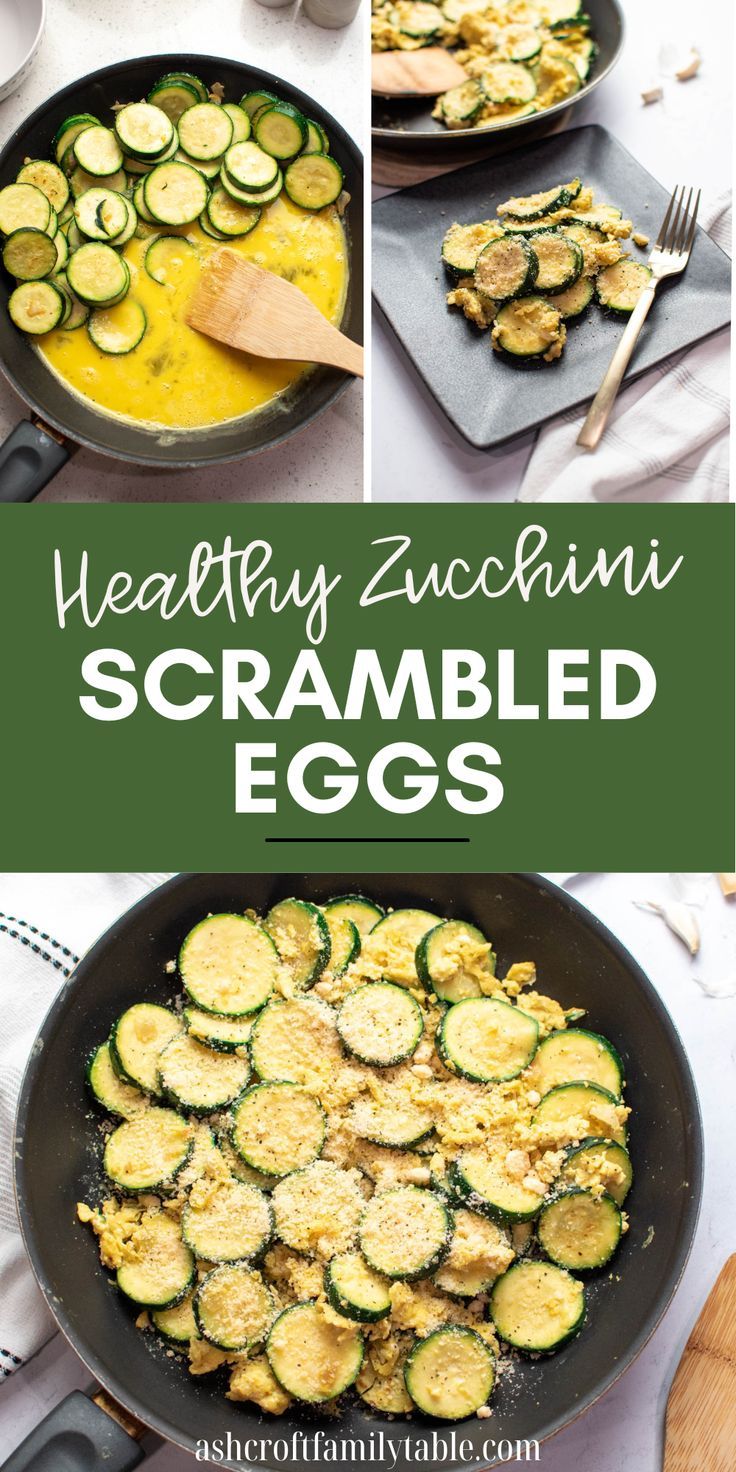 PPinterest graphic with text and collage of steps to make zucchini with scrambled eggs.