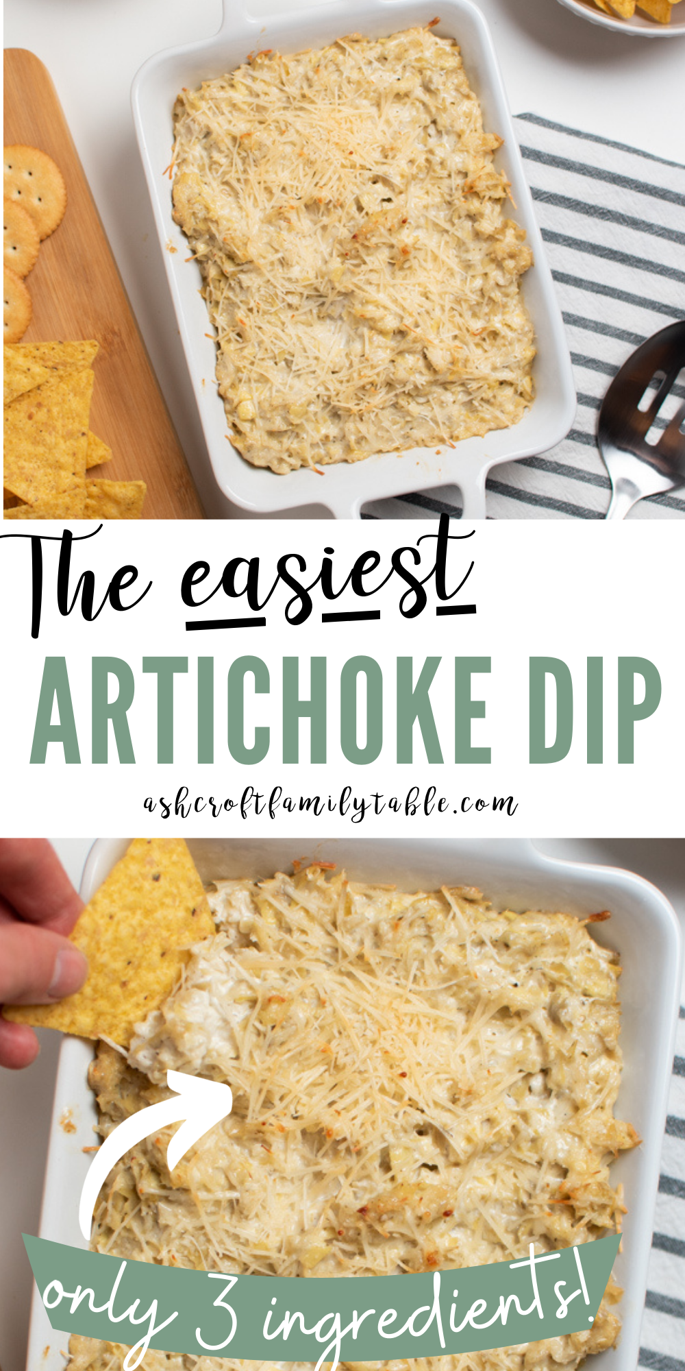 Pinterest graphic with text and a collage of artichoke parmesan dip.