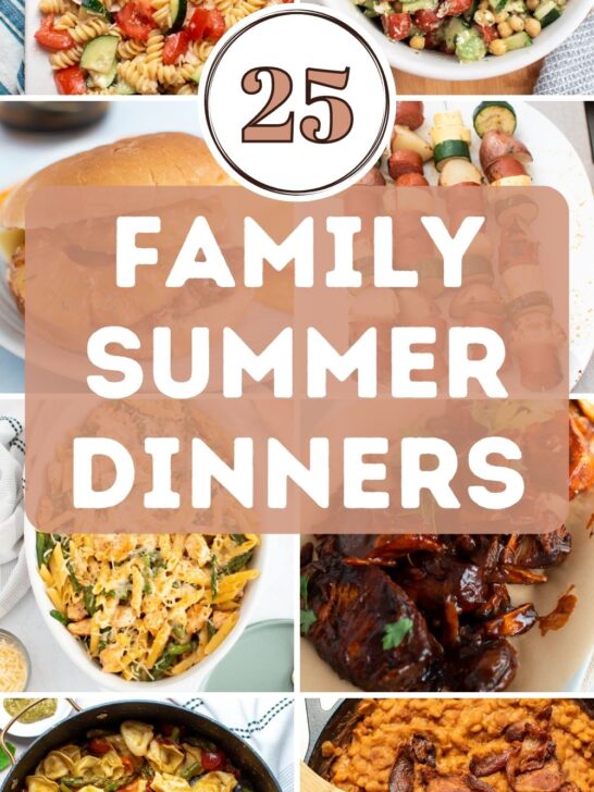 Pinterest graphic with text and photo collage of different family summer dinner recipes.