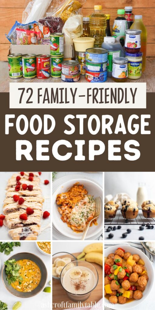 Pinterest graphic with text that reads "72 Family-Friendly Food Storage Recipes" and a collage of food storage meals.