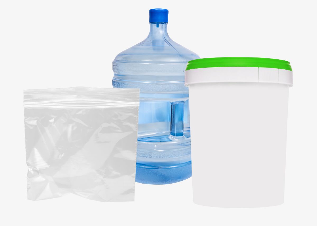 Food storage containers including a water jug, 5 gallon bucket, and mylar bag.