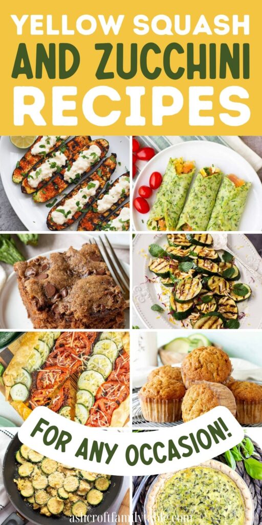 Pinterest graphic with text that reads "Yellow Squash and Zucchini Recipes for any Occasion" and a collage of squash and zucchini recipes.