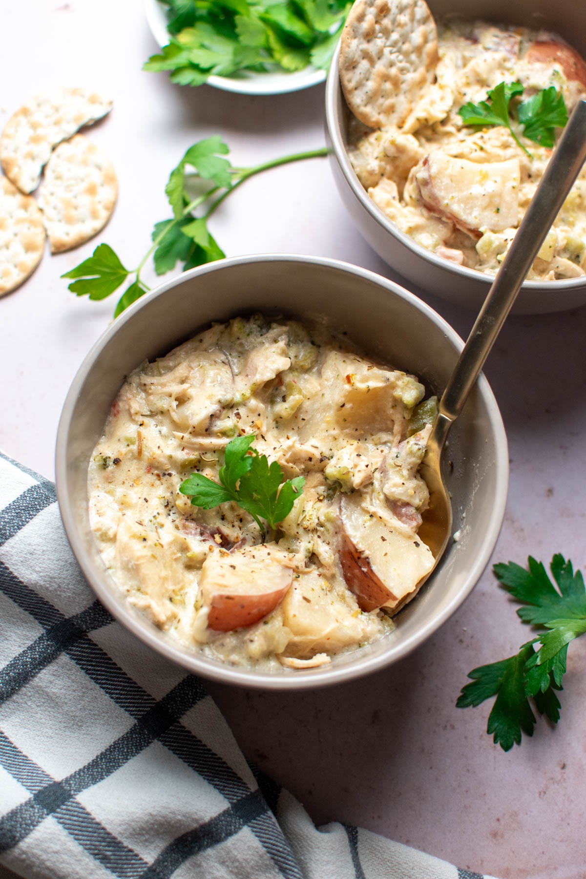 Bowl of creamy chicken stew with red potatoes and fresh parsley on top.