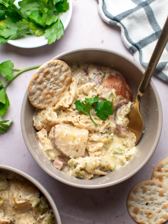 Bowl of creamy chicken stew with fresh parsley, cracker, and spoon in the bowl.