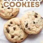 Pinterest graphic with photo of cherry chip cookies and text that reads "fluffy cherry chip cake mix cookies."