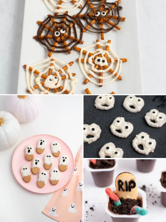 Photo collage of Halloween treats like ghost cookies, dirt cups, and pretzel spider webs.