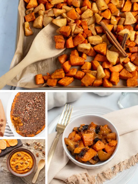 Collage of different sweet potato recipes including roasted, casserole, and mashed.