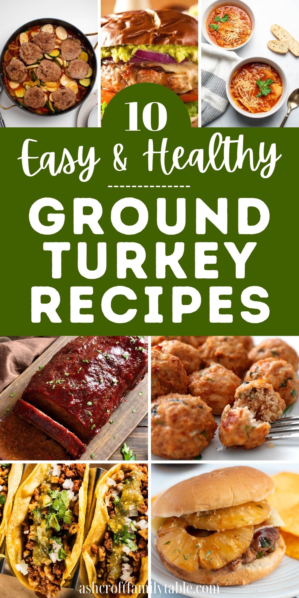 Pinterest graphic with text that reads "Easy and Healthy Ground Turkey Recipes" and a collage of ground turkey recipes.