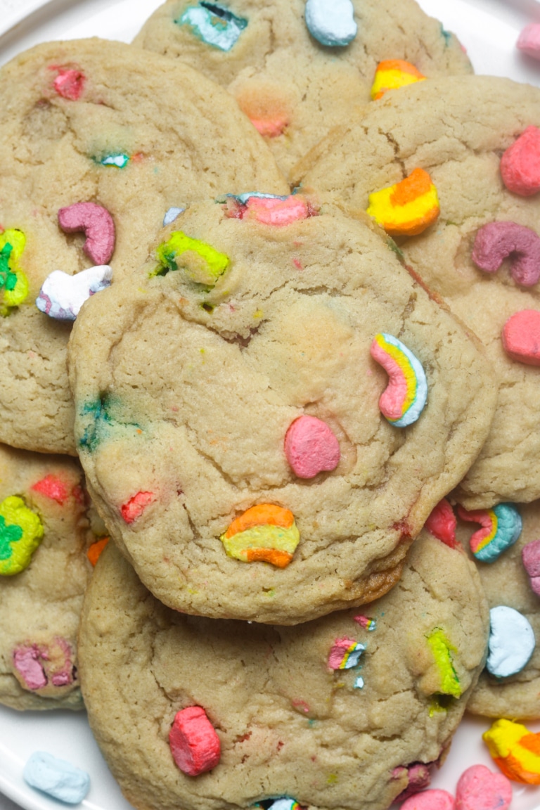A plate of cookies with lucky charms.