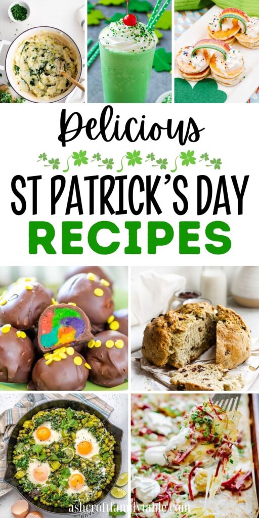 Pinterest graphic with text that reads "Delicious St. Patrick's Day Recipes" and a collage of St. Patrick's Day food ideas.