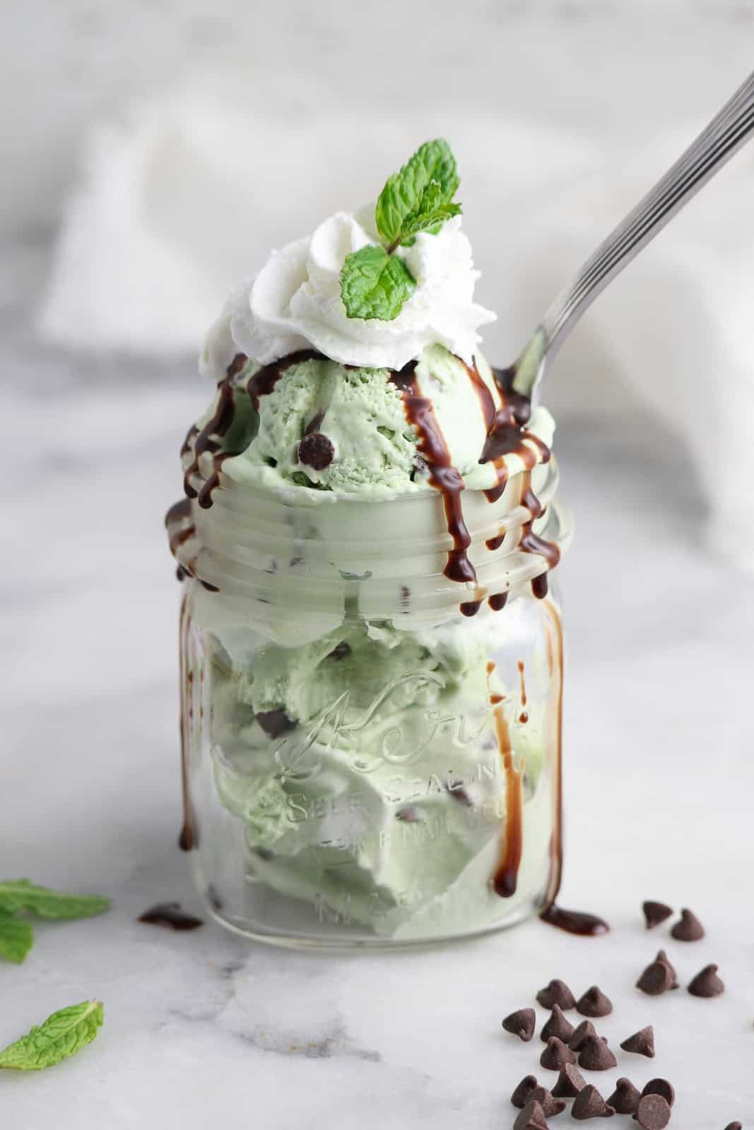 A vegan mint chocolate milkshake in a mason glass jar with whipped cream and mint leaves on top.