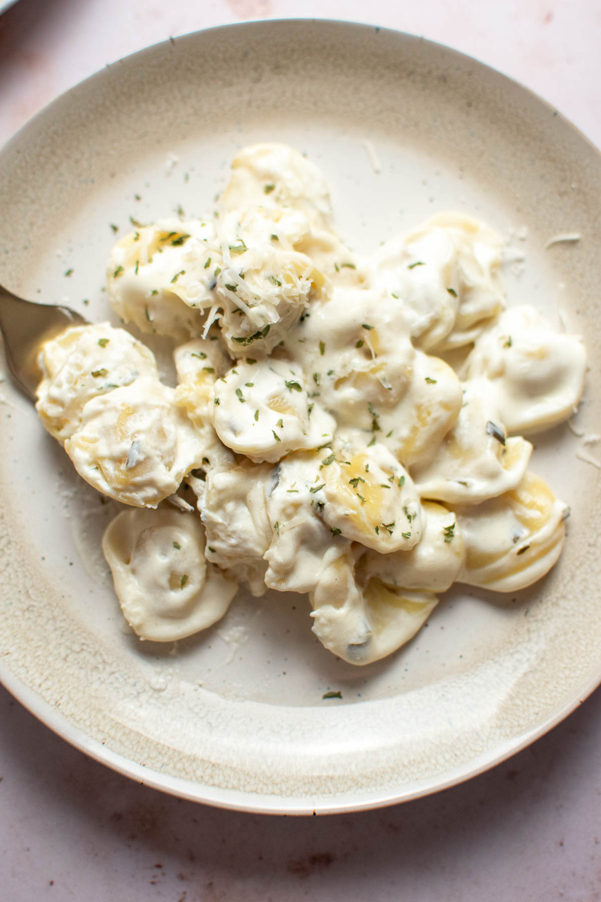 Fork rests in serving of creamy tortellini alfredo and on beige plate.