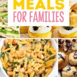 Pinterest graphic with text that reads spring meals for families" and a collage of spring recipes.
