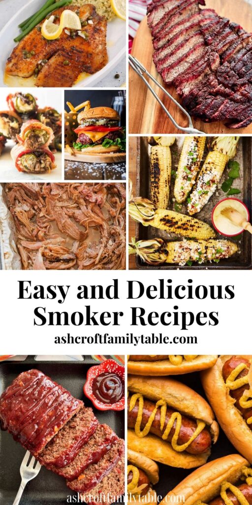 Pinterest graphic with text that reads "Easy and Delicious Smoker Recipes" and a collage of smoked foods.