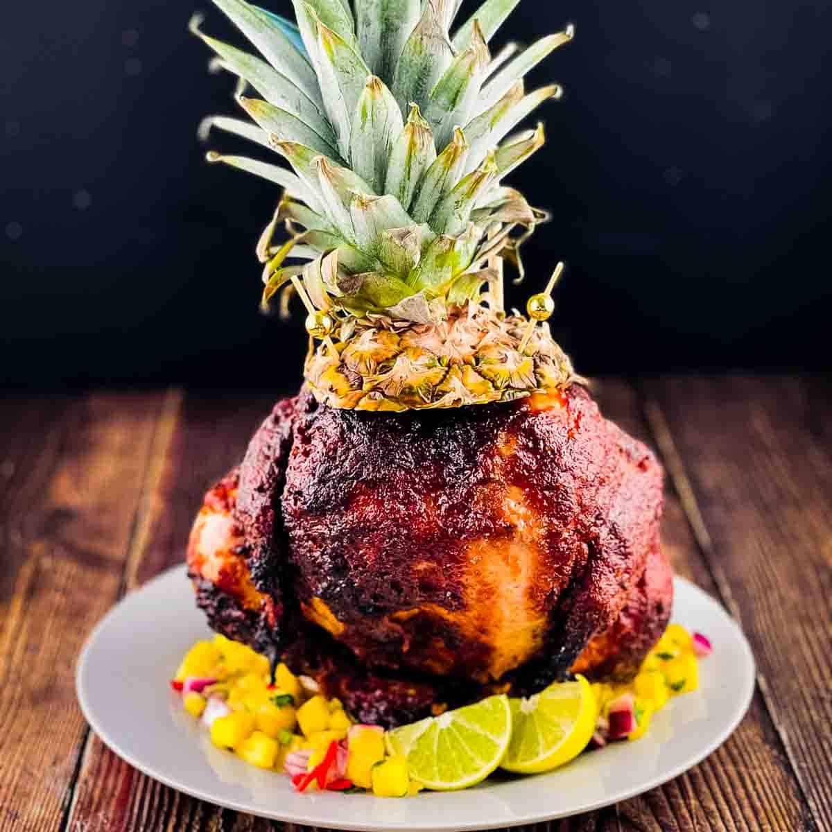 A whole smoked chicken on a bed of pineapple with the pineapple leaves standing on top.