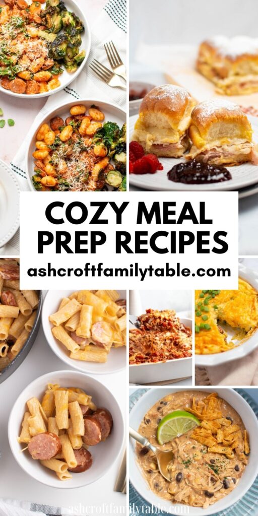 Pinterest graphic with text that reads "Cozy Meal Prep Recipes" and a collage of make-ahead meals.