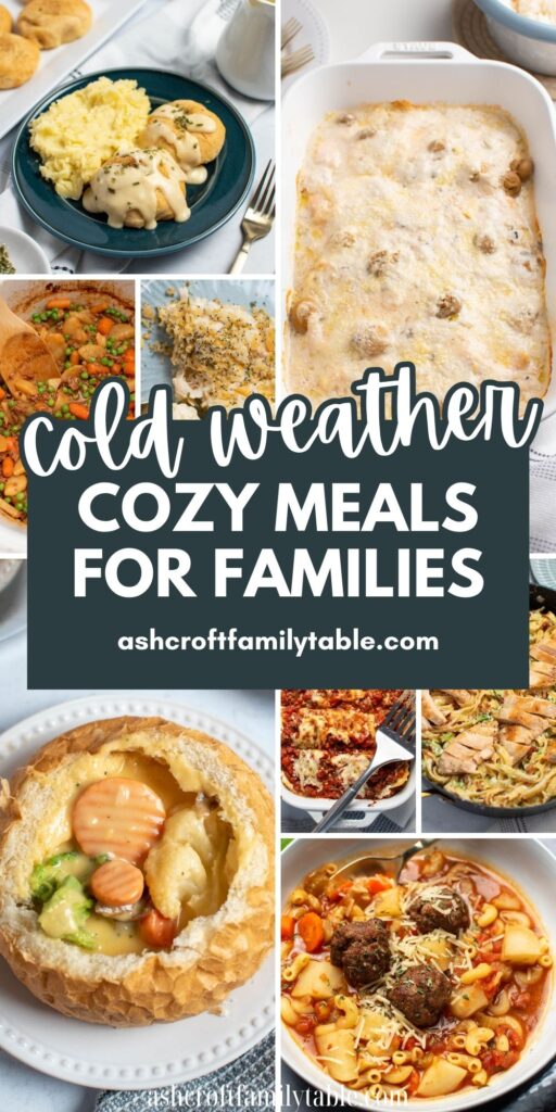 Pinterest graphic with text that reads "Cold Weather Cozy Meals for Families" and a collage of comfort foods.