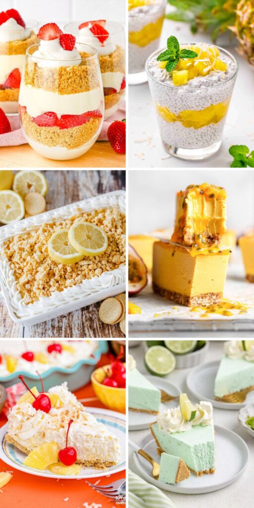 Collage of no bake summer desserts, including cheesecake, pie, trifles, and dessert lasagna.