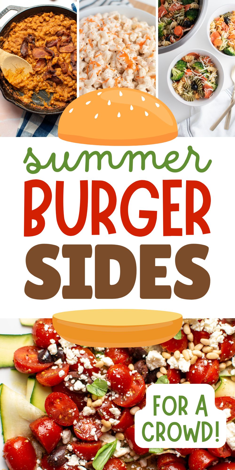 Collage of side dishes for burgers, including salads and veggies.
