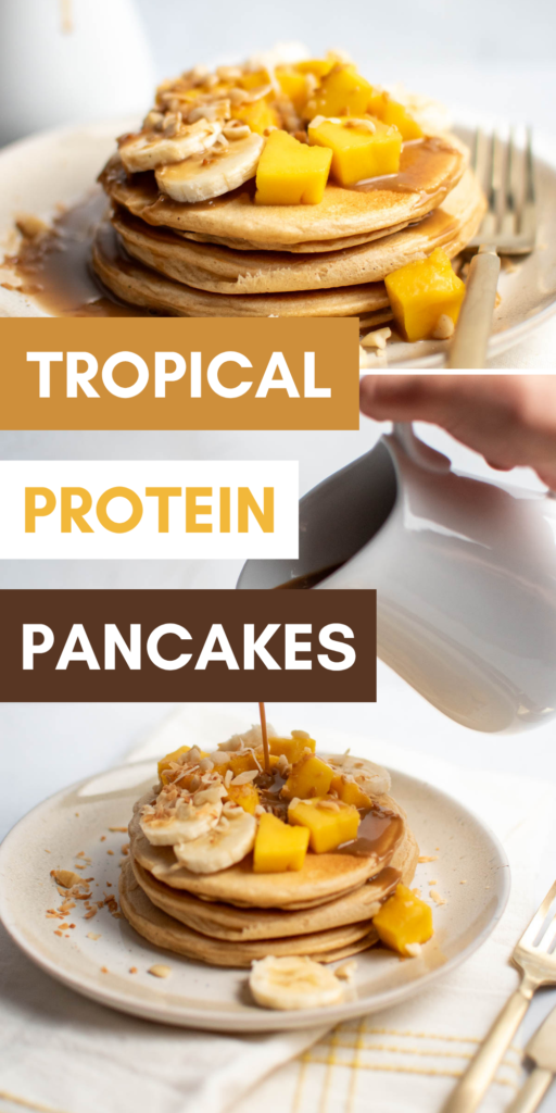 Pinterest graphic with text and a collage of protein pancakes.