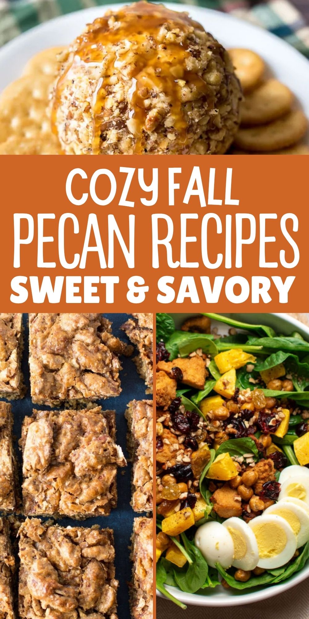 Pinterest graphic with text and collage of cozy fall pecan recipes that are sweet and savory.
