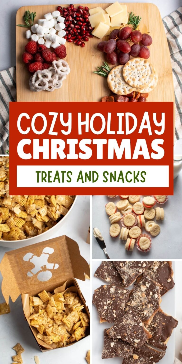 Pinterest graphic with text with a collage of Christmas treats, including cookies, candy, and snack mix.