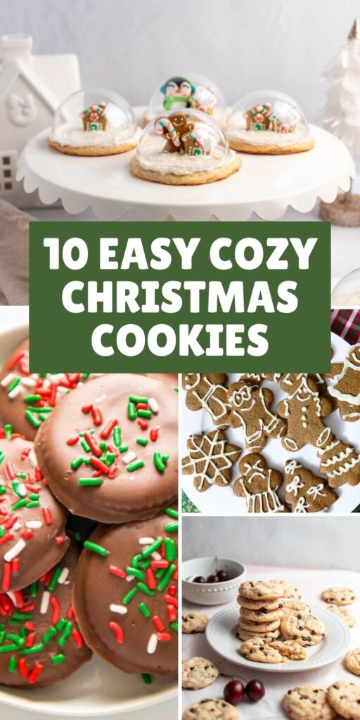 Pinterest graphic with text for a cozy Christmas cookies roundup and a collage of holiday decorated cookies.