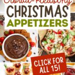 Pinterest graphic with text and a collage of Christmas appetizers and finger foods.