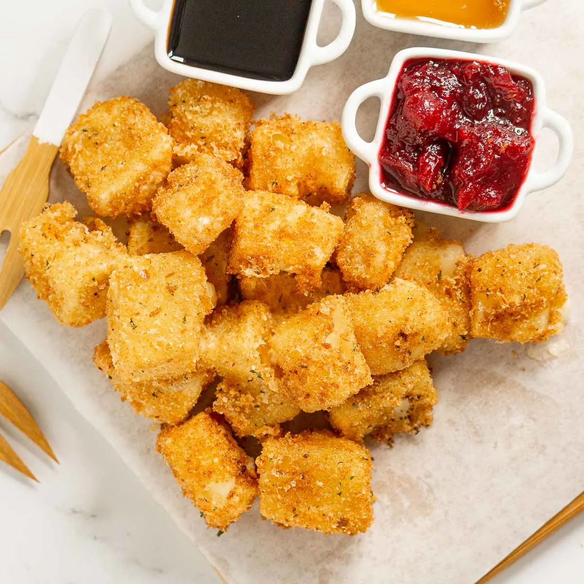 Fried brie bites with various dips in small white and square dishes.