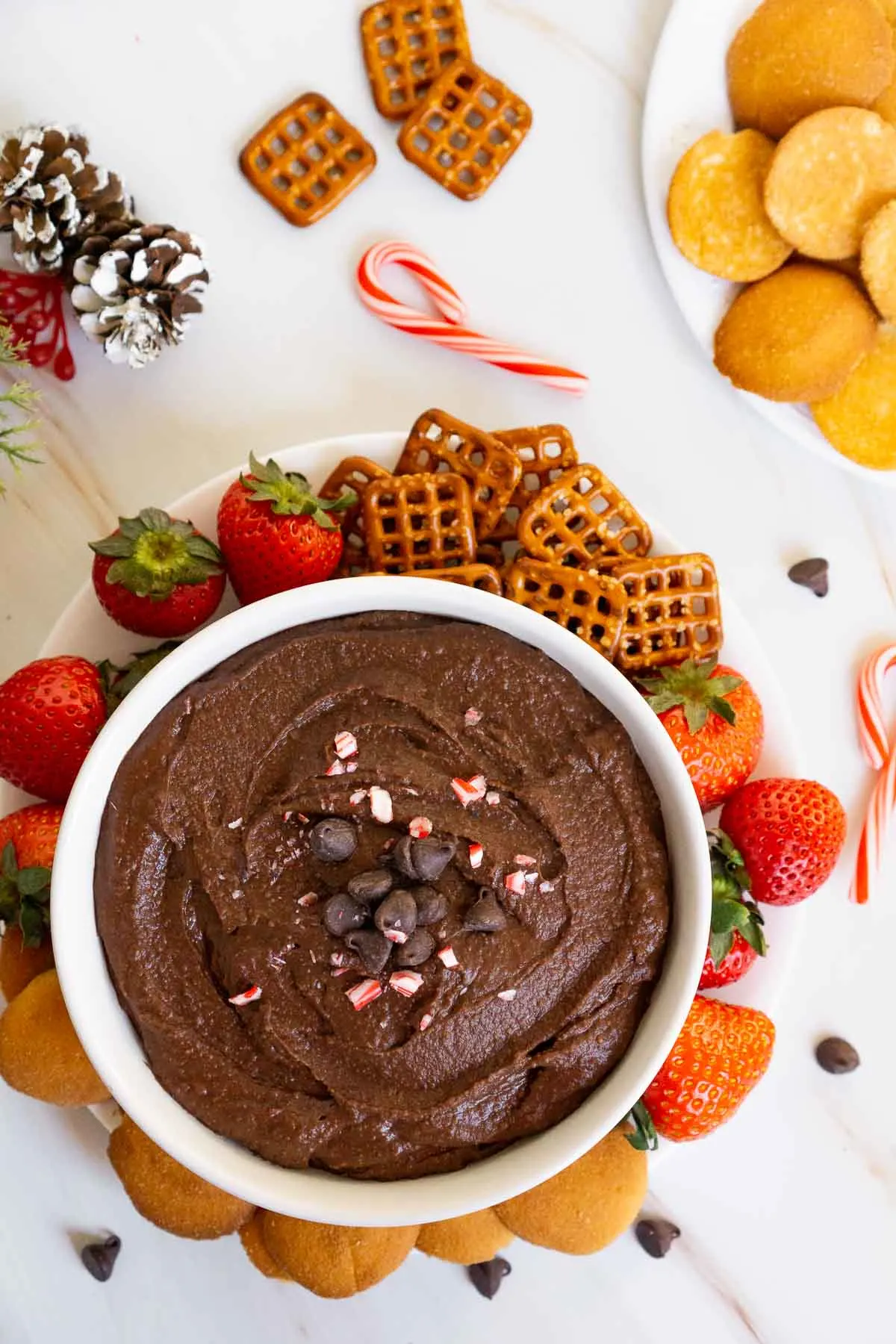 Chocolate hummus with chocolate chips and crushed peppermint on top with pretzels and strawberries.
