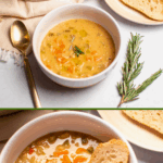 Photo collage of bowls of soup with text that reads "easy white bean rosemary soup."