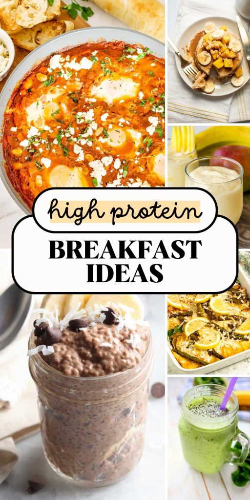 Pinterest graphic with text and a collage of high protein breakfast ideas.