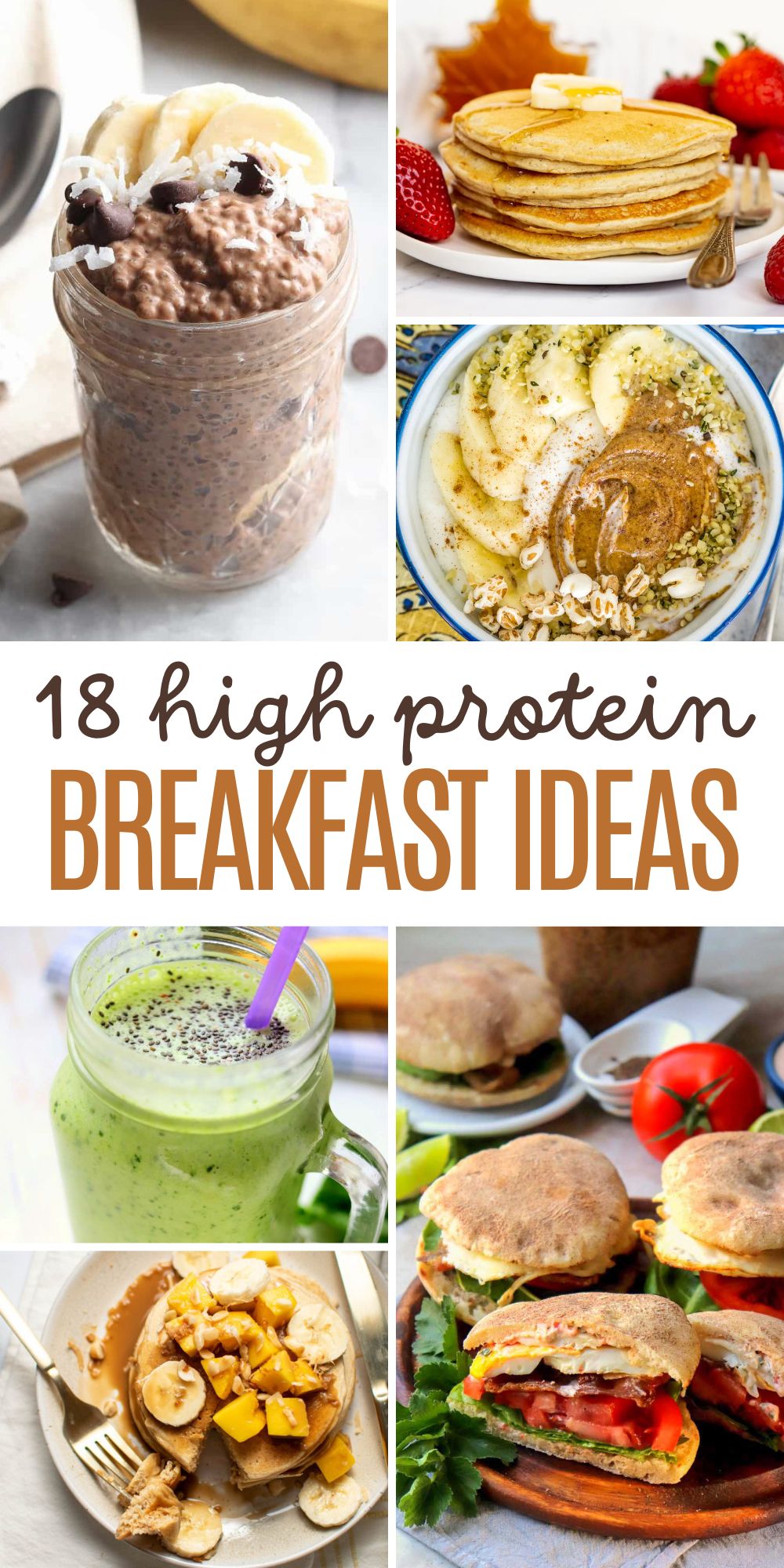 Pinterest graphic with text and a collage of high protein breakfast ideas.