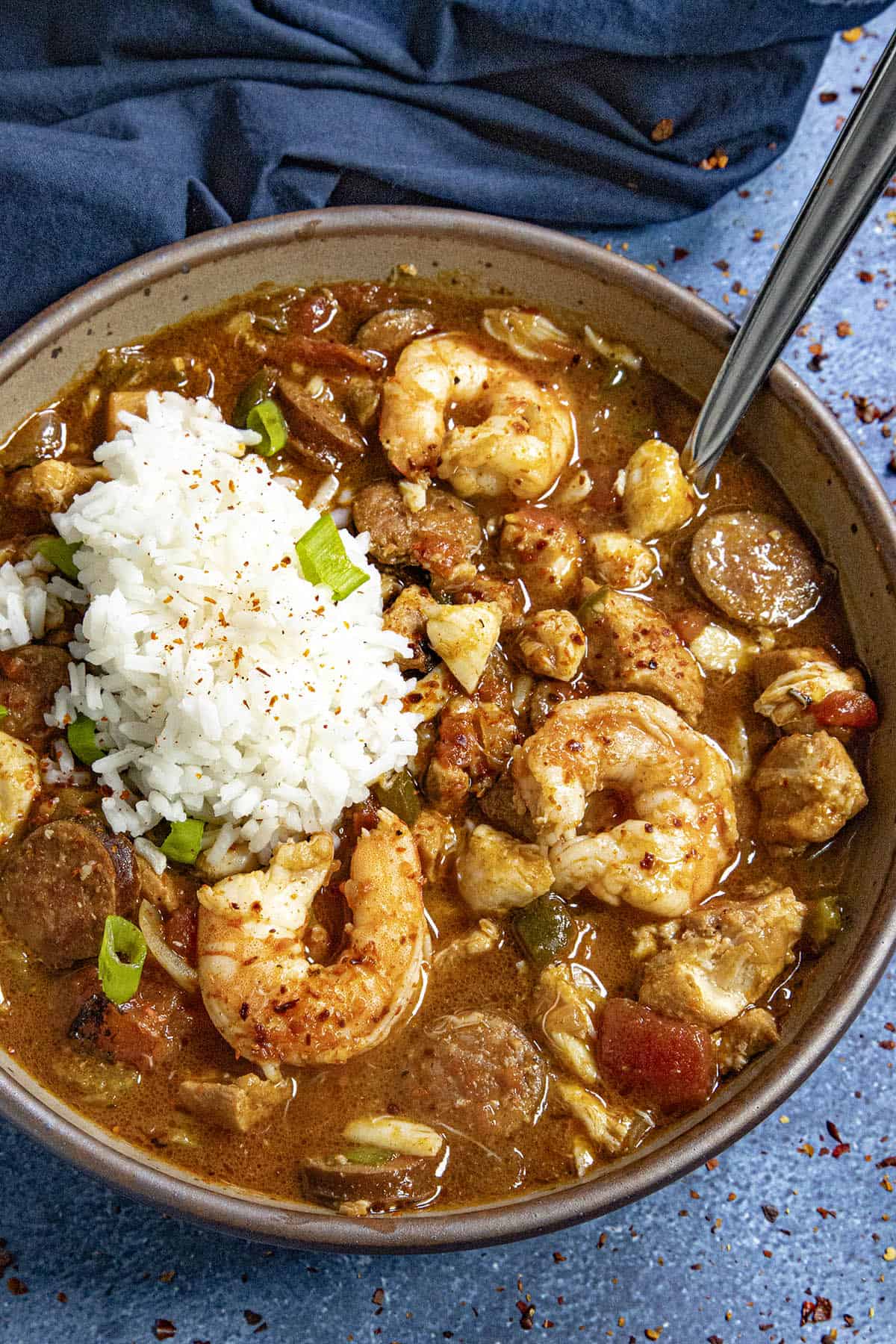 Creole gumbo with shrimp and a scoop of rice.